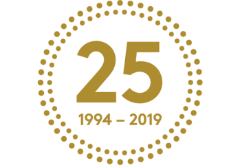 rund logga med guldprickar i mitten 25 1994-2019